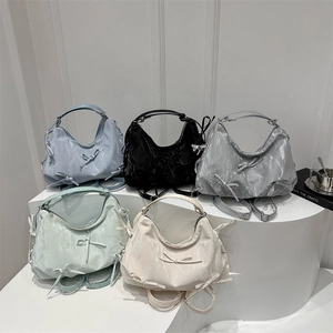 Fashion Women Bowknot Pleated Shoulder Bag Large Capacity PU Leather Tote Bag Street Trendy Commuter Handbag Versatile Hobo Bag