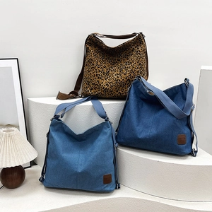 Women Leopard Print Canvas Tote Bag Multi Purpose Backpack Large Capacity Travel Commuter Shoulder Crossbody Bag