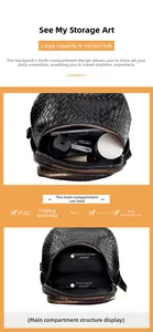 Detail view of the spacious black faux crocodile leather backpack interior and pocket layout