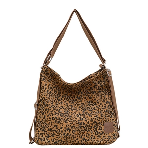 Leopard print canvas tote bag with brown straps and leather logo detail on white background