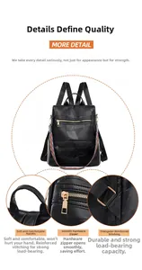 Detail view of the black patchwork leather backpack with reinforced stitching and metal zippers