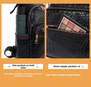 Detail view of woven leather backpack with side pockets and front zipper compartments
