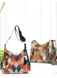 Close-up of bohemian geometric patchwork tote with vintage leather texture and ethnic strap