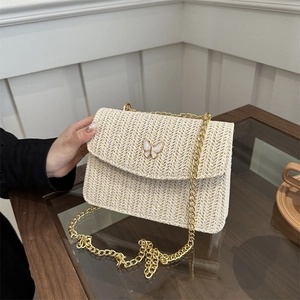 Elegant Straw Woven Shoulder Bag For Women Summer Beach Vacation Square Crossbody Bag With Butterfly Buckle Gold Chain Strap