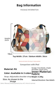 Detailed size guide of colorful geometric PU leather tote bag with iPad mini reference