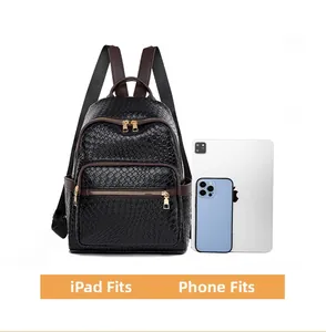 Woven leather backpack with iPad size comparison showing front pockets and brown straps