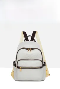 Front detail of white woven faux leather backpack with gold zippers and dual compartments