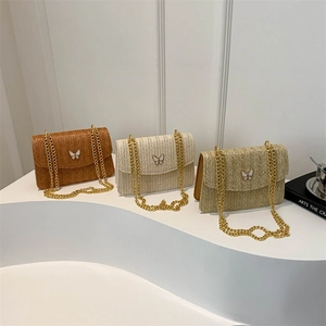 Fashionable woven crossbody bags with butterfly buckle and golden chain in three colors