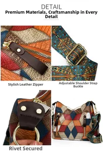 Detail view of colorful patchwork leather bag with textured panels and jacquard strap