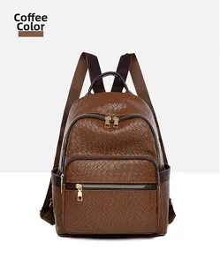 Close-up of coffee brown woven faux leather backpack with secure zipper and side pockets