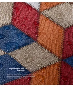 Macro shot of waterproof PU leather with geometric patchwork and zigzag stitching