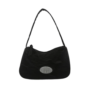 Minimalist black landscape texture underarm bag with silver logo and shoulder strap