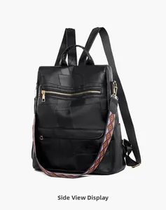 Side view of black PU leather backpack with colorful ethnic woven strap and golden zippers