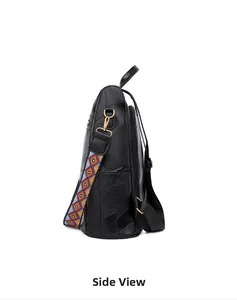 Side view of black PU leather patchwork backpack with geometric woven shoulder strap
