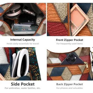 Detail view of large capacity tote bag compartments for tablet and daily items