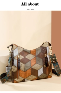 Detail view of colorful geometric patchwork leather bag with textured ethnic shoulder strap