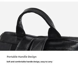 Macro view of reinforced black PU leather top handle with soft texture and portable design