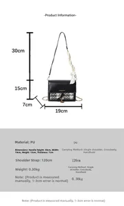 Detailed size chart for plaid stitching shoulder bag showing dimensions and PU material