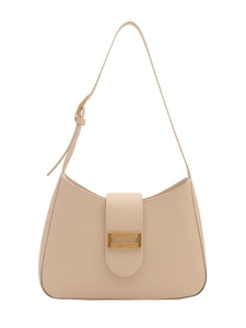Minimalist beige baguette shoulder bag with golden metallic clasp and adjustable strap