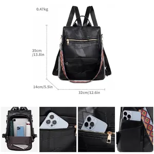 Women's minimalist black PU leather backpack with colorful geometric wide straps