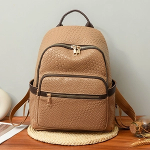 Minimalist woven faux leather backpack in camel brown with large capacity and multi-pockets
