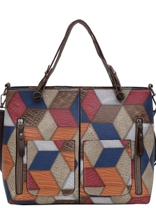 Fashionable large tote bag with multi-color geometric patchwork and dual zippers