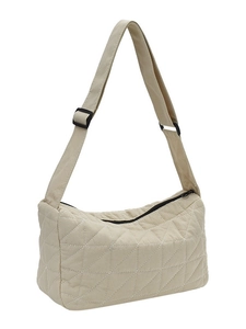 Minimalist beige quilted dumpling bag with geometric triangle stitching and adjustable strap