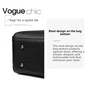 Detail of silver protective metal studs on black lychee textured leather bag base