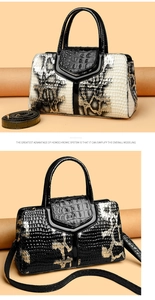 Close-up of snakeskin pattern leather texture and V-shaped stitching on handbags