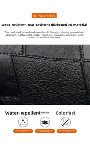 Macro detail of waterproof lychee grain PU leather texture on a durable black backpack