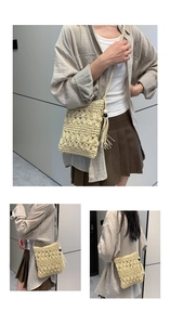 Detail view of woven hollow design and bohemian tassel with wood bead on straw bag