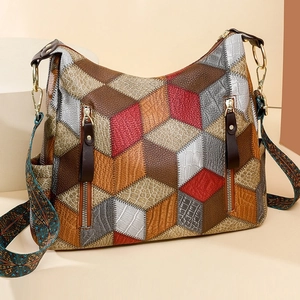 Vintage color-block geometric tote with ethnic strap and textured leather finish