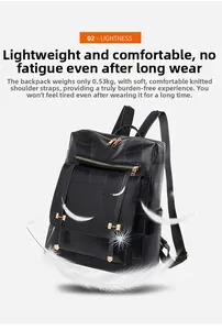 Close-up of lightweight black backpack with 0.53kg weight and golden zipper details