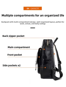 Detail view of durable black backpack showing side pockets and layered storage design