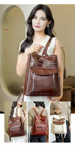 Détails du sac à dos vintage avec trois modes de portage : épaule, double bretelle et poignée