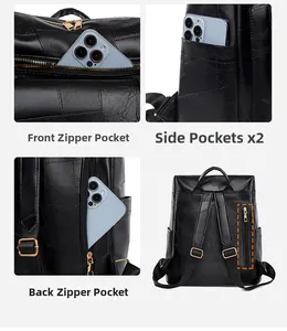 Detail view of black backpack featuring front zipper, side pockets and back anti-theft pocket