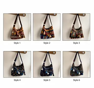 Detailed grid showing six Bohemian style canvas bags with colorful tassel decorations