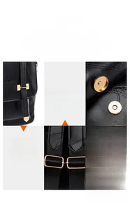Detail of black leather backpack with gold H-hardware, magnetic closure and adjustable strap