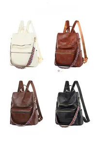 Detailed grid view of soft faux leather backpacks in white, brown, coffee, and black tones