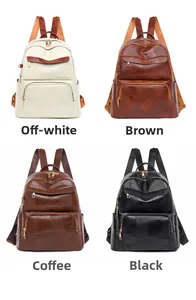 Collage of soft leather backpacks in beige, brown, coffee, and black color options