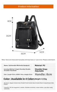 Detailed size guide for minimalist PU backpack showing dimensions and functional compartments