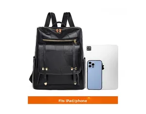 Detailed internal capacity of black PU leather backpack compared with iPad and phone