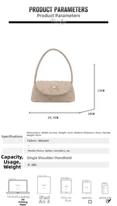Detailed size chart showing dimensions of the beige woven baguette bag with floral embroidery