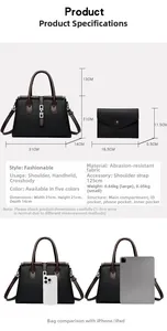 Detailed size specifications and proportions for the black pebble leather handbag set