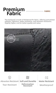 Detailed macro view of soft black PU leather texture and durable stitching on backpack