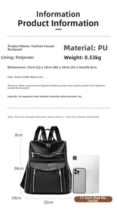 Dessin technique détaillé du sac à dos en cuir PU noir montrant dimensions et capacité