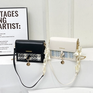Chic Korean style shoulder bags in black and beige with tweed texture and silk ribbon