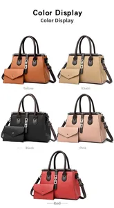 Five sets of stylish women's tote bags and matching clutches in various classic colors