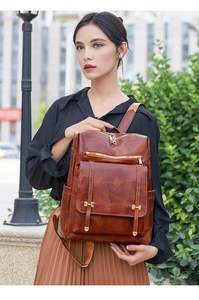Detail shot of vintage dark brown faux leather backpack featuring gold zippers and front pocket