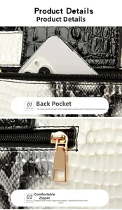 Detail of snake print tote showing rear pocket space for smartphone and gold zipper hardware